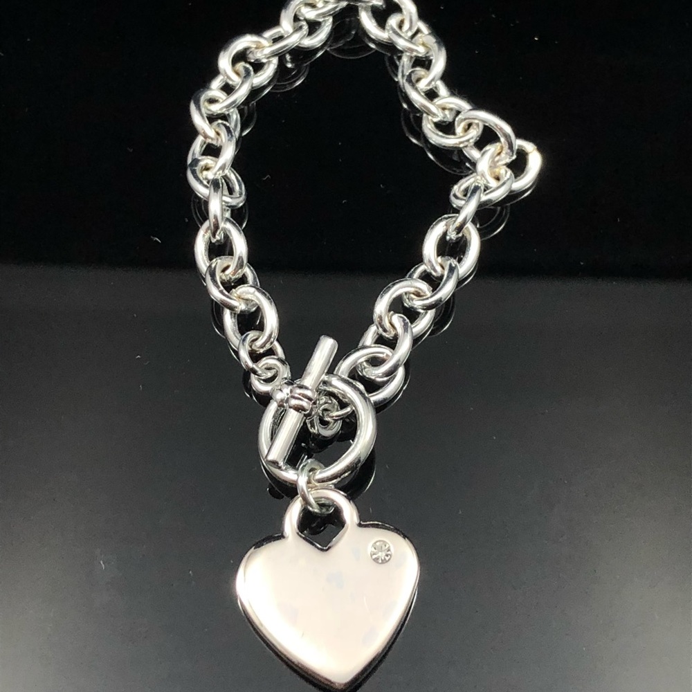 Heart Charm Silver Bracelet W Faux Diamond Accent